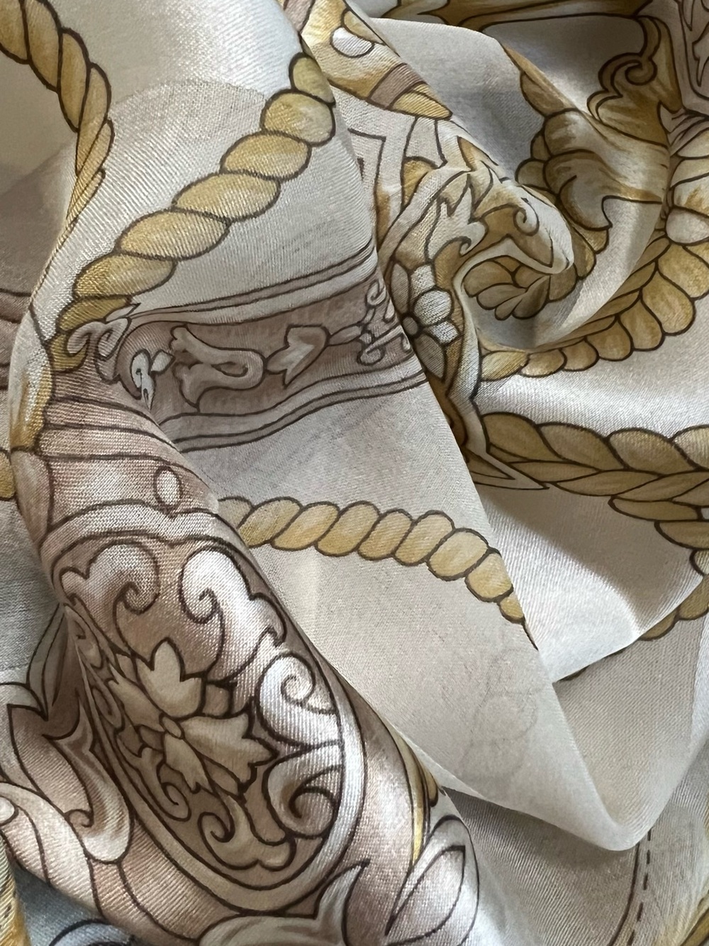 BALENCIAGA Paris Silk Square Scarf 34” Beige Gold Rope Tassel Crest Vintage - Picture 6 of 12